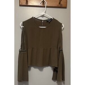 Lulu's Olive Green Boho Embroidered Cold Shoulder Top With Long Sleeves Women Sm
